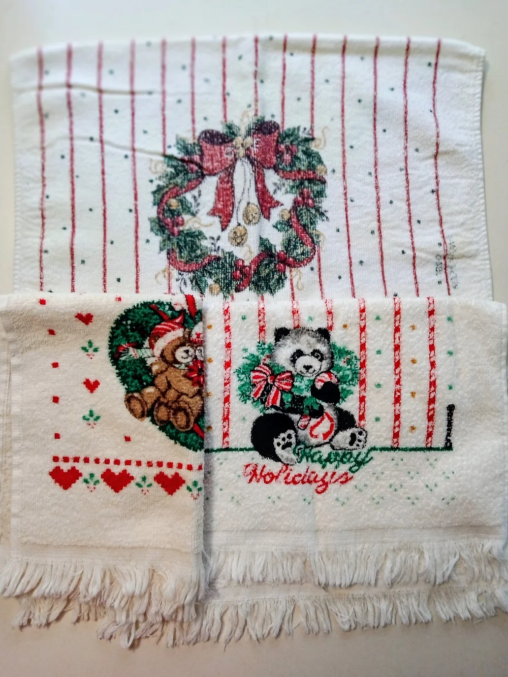 White Holiday Embroidered Fringe Kitchen Towels - Festive Snowman & Santa